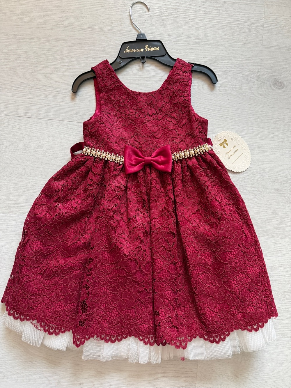 NWT American Princess Burgundy Lace Bow-Accent Formal Dress Girls 5
